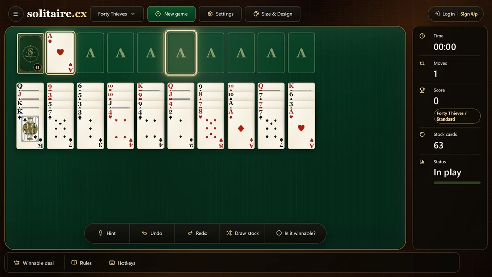 Forty Thieves Solitaire in progress with a selected exposed card and its legal foundation destination highlighted.