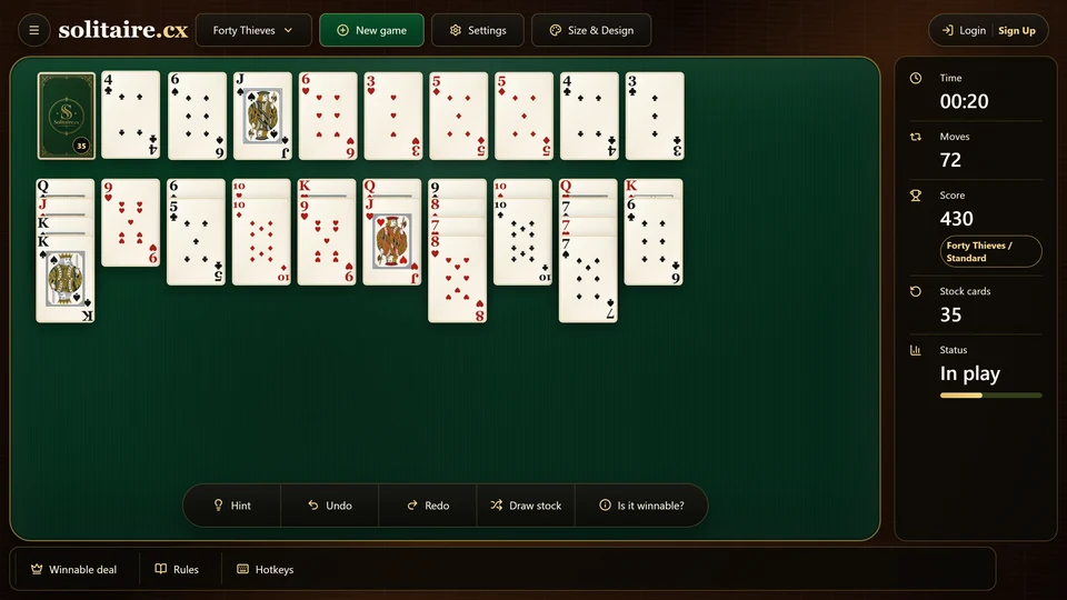 Forty Thieves Solitaire midgame with a smaller stock, an exposed waste card and cards moved to the foundations.