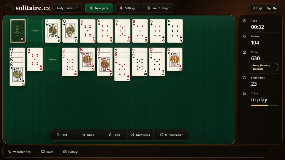 A Forty Thieves Solitaire midgame with an empty tableau column available as temporary working space.