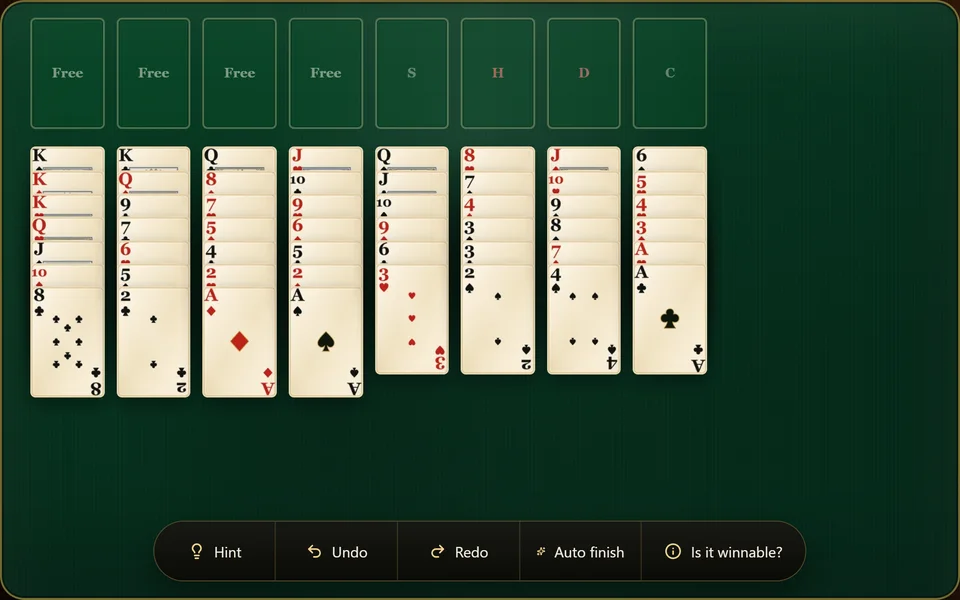 A FreeCell Solitaire deal with all 52 cards face up in 8 columns, 4 empty free cells on the left and 4 empty foundations on the right across the top.