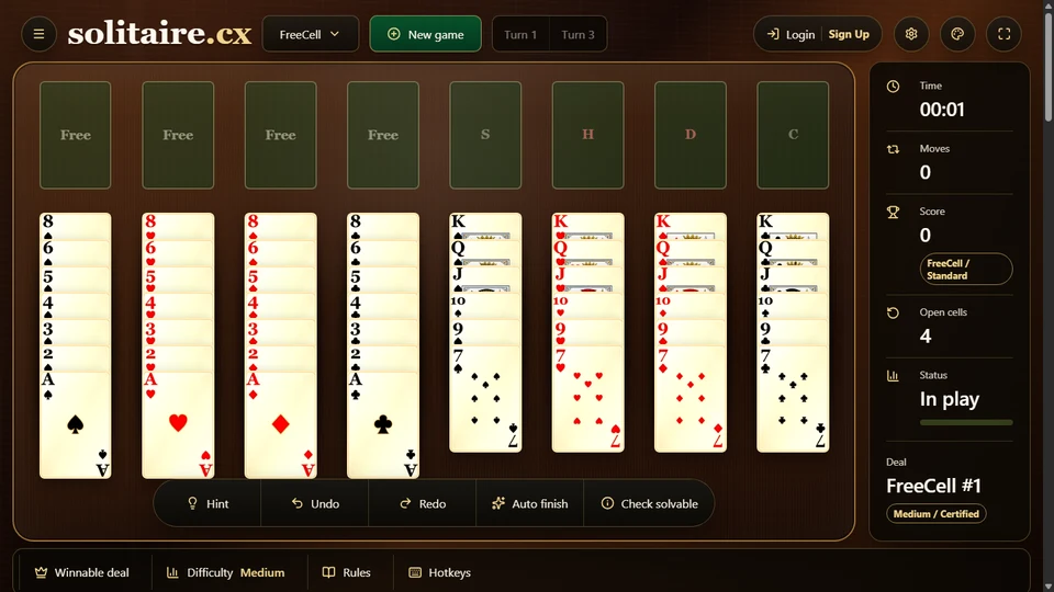 A FreeCell Solitaire table showing 4 free cells, 4 foundations and 8 open tableau columns.