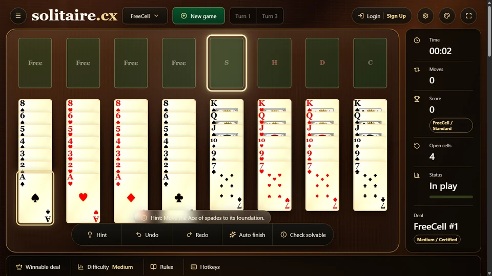 A FreeCell game in progress with a highlighted hint showing how to plan the next foundation move.