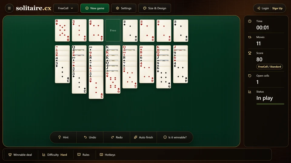 A FreeCell position with 3 cards parked in the holding cells and only 1 cell still open.