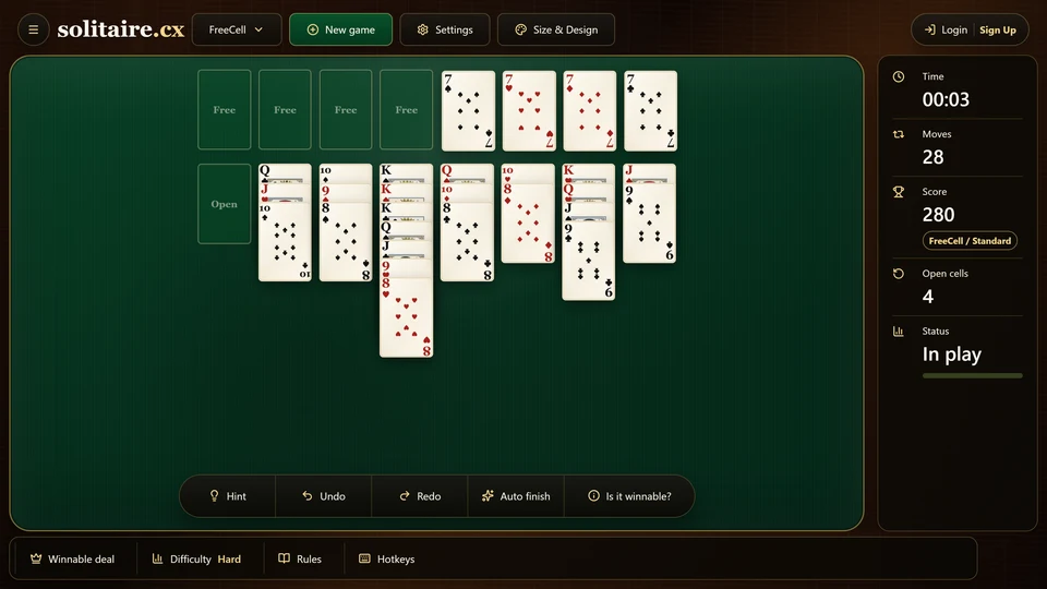 A FreeCell game with 1 empty tableau column ready to be used as working space.
