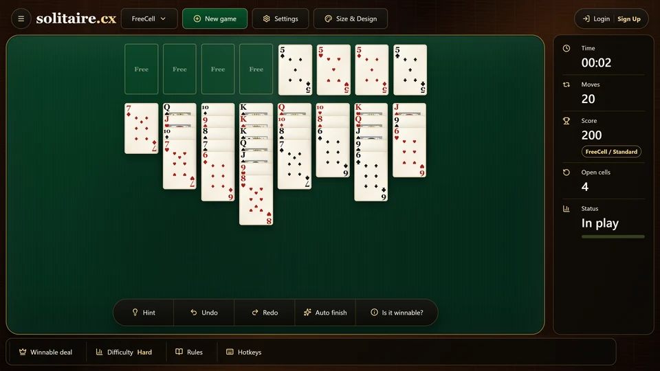 A FreeCell midgame with all 4 foundations building at a similar pace and the tableau still holding useful parent cards.