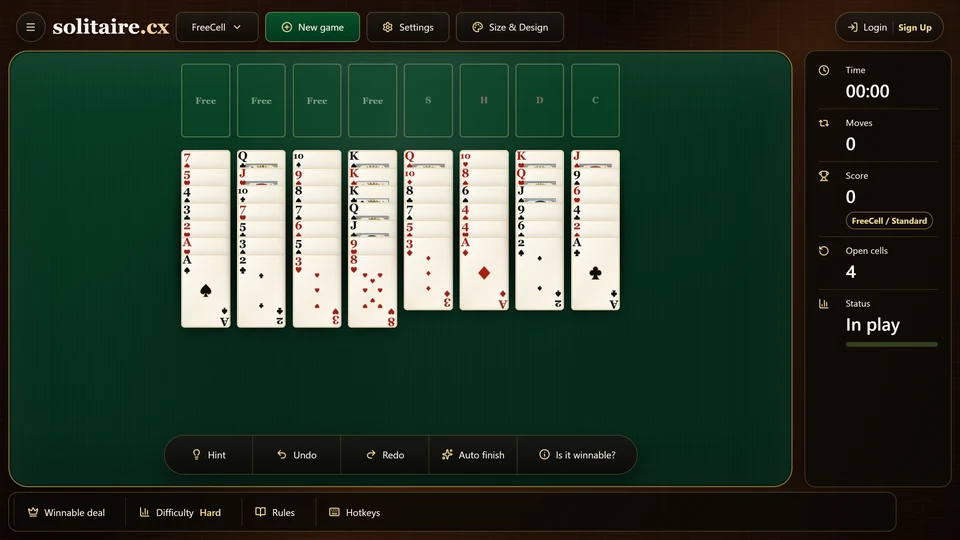 A fresh FreeCell deal with all 8 columns visible for an opening scan of low cards, short columns and available color pairs.