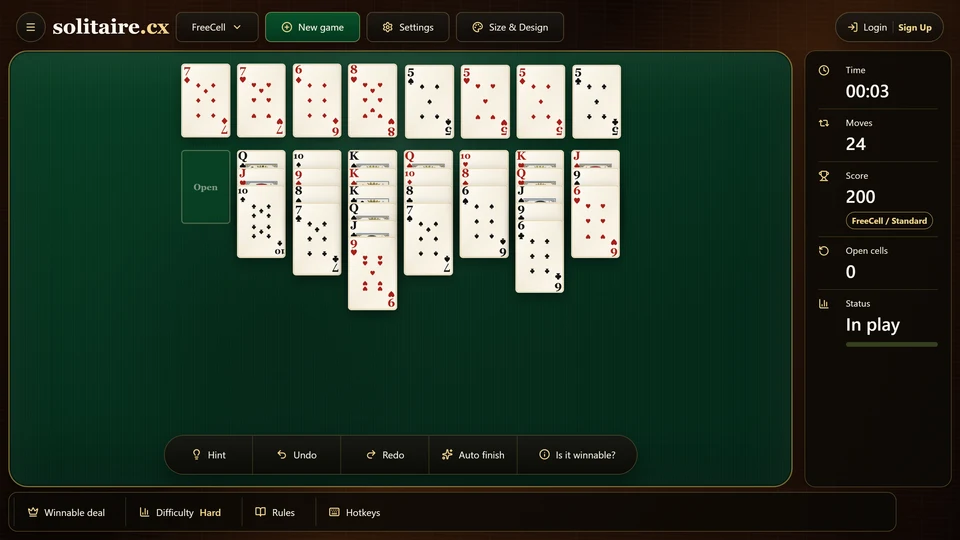 A crowded FreeCell position with all 4 holding cells occupied and limited immediate workspace.