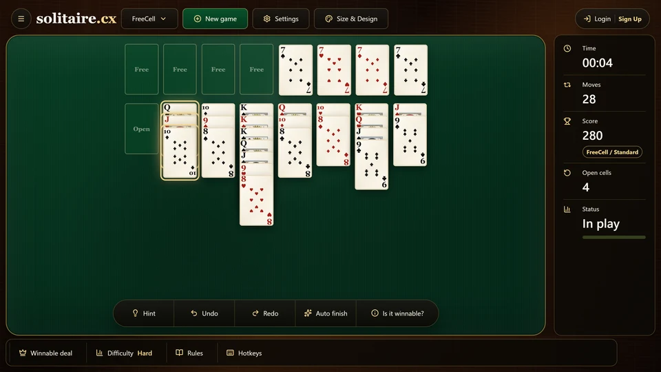 A 3-card alternating sequence selected for a legal FreeCell supermove while an empty column is available.