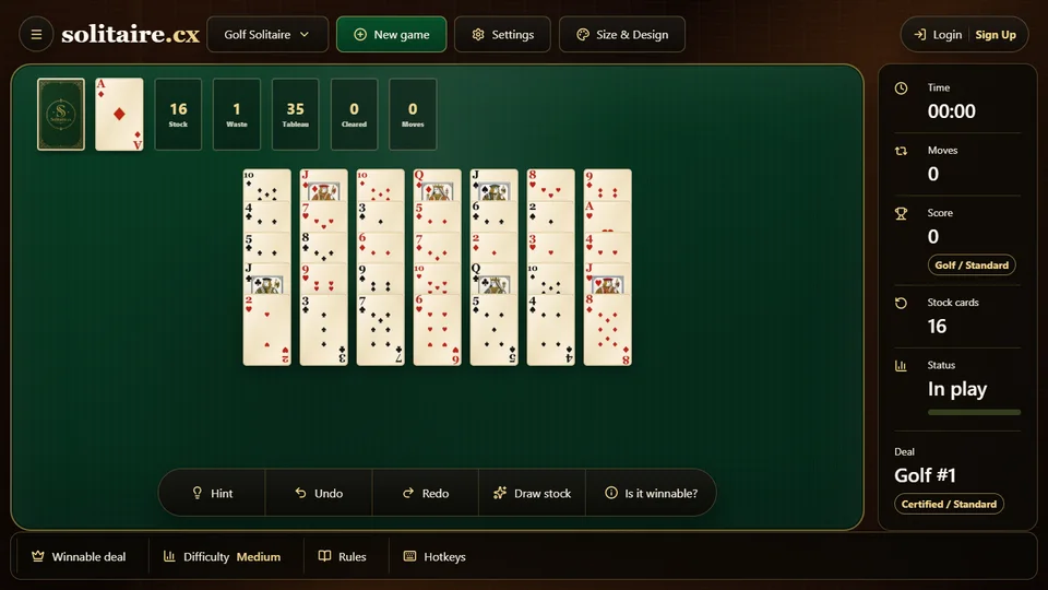 Golf Solitaire opening board with stock, waste, 7 tableau columns and game counters.