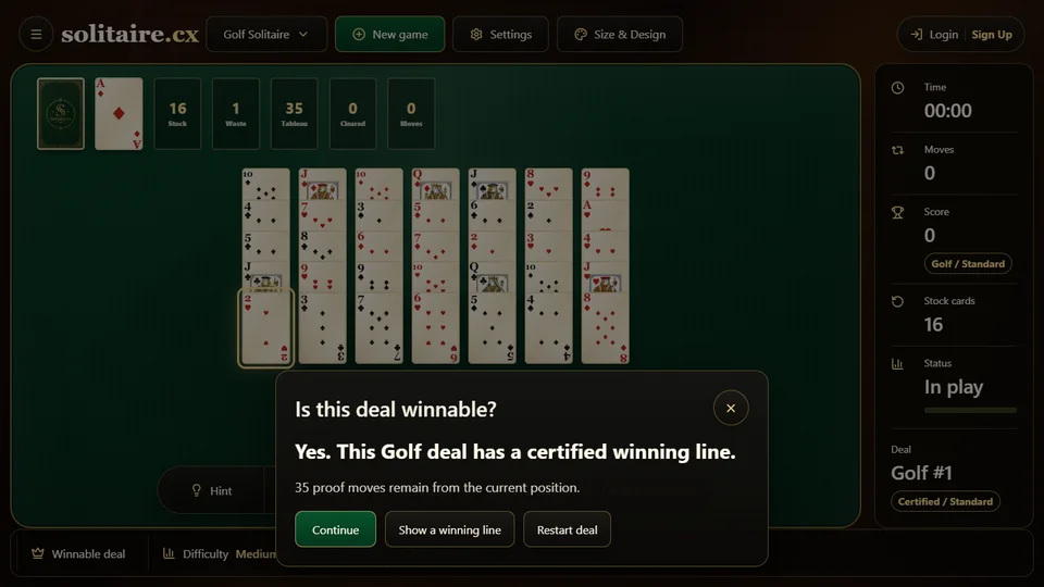 Golf Solitaire Check Winnable panel confirming that the current deal has a certified winning line.