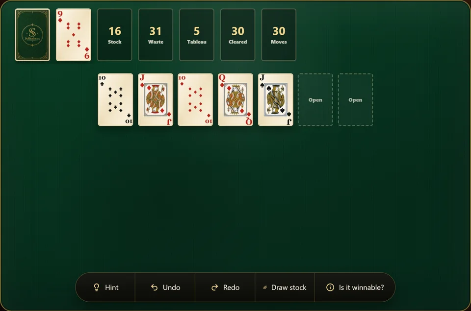 A Golf Solitaire game near the end, with 2 columns already empty and the other 5 down to a single card each.