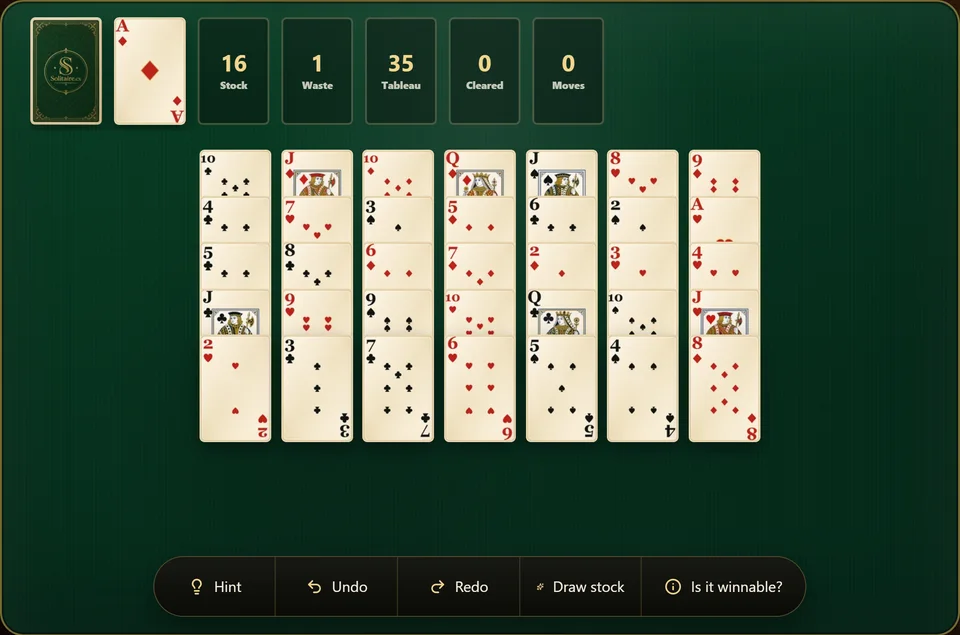 A fresh Golf Solitaire deal with 7 columns of 5 face up cards, a single card started on the pile and the face down stock to the side.