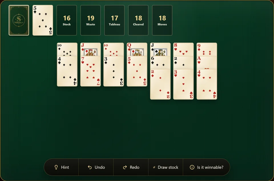 A Golf Solitaire game in progress, with every column pared down and the pile built up after a long unbroken run of one rank plays.