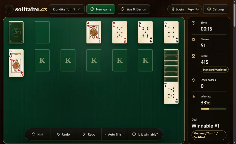 A Klondike game well underway, with the 4 foundations built up to higher cards and most of the tableau columns cleared.