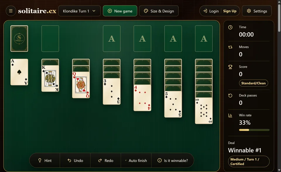 A fresh Klondike deal showing the stock on the left, 4 empty foundations across the top and 7 tableau columns, each with one card turned face up.