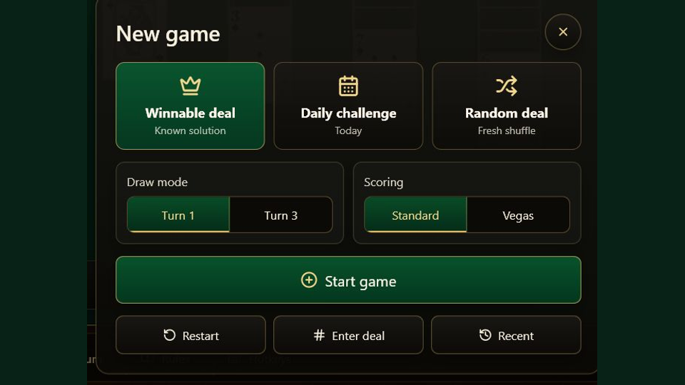 The Solitaire.cx New Game panel showing Winnable deal, Daily challenge and Random deal choices above the Start game button.