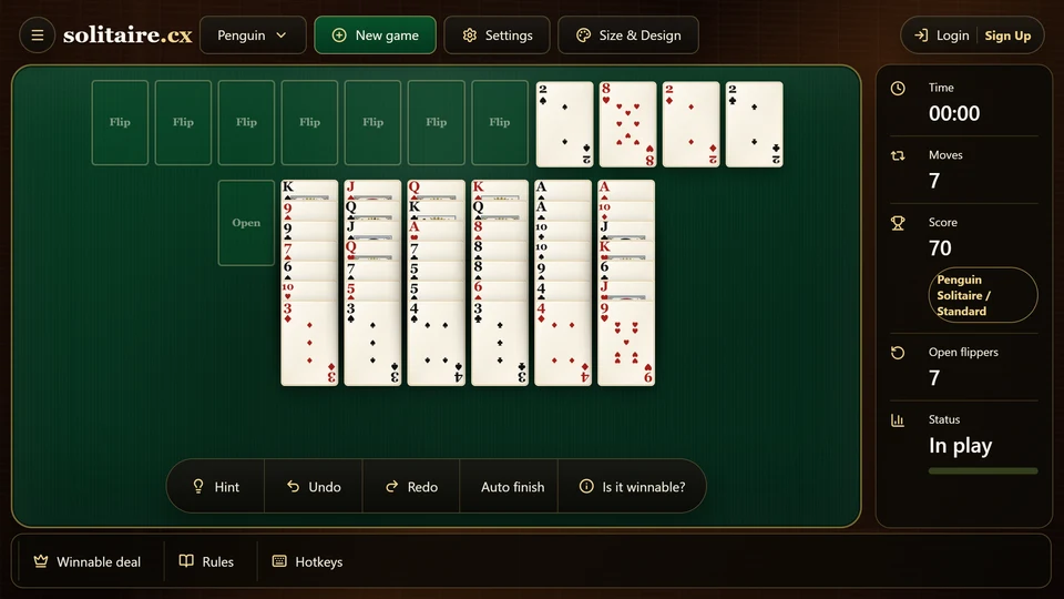 A Penguin Solitaire column cleared completely with the required rank below the beak available elsewhere on the table.
