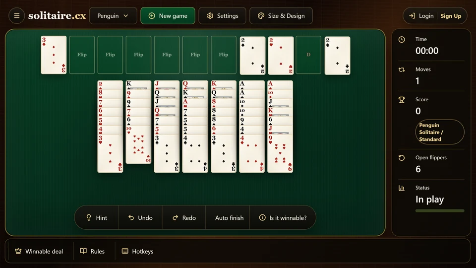 Penguin Solitaire with 1 exposed tableau card moved into the 1st of 7 flippers.