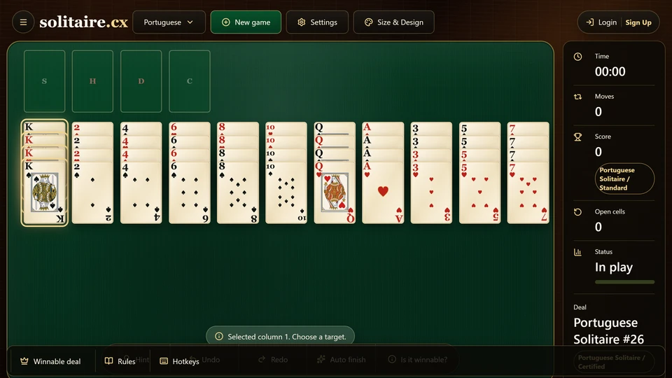 Portuguese Solitaire showing a King selected near an empty tableau space.