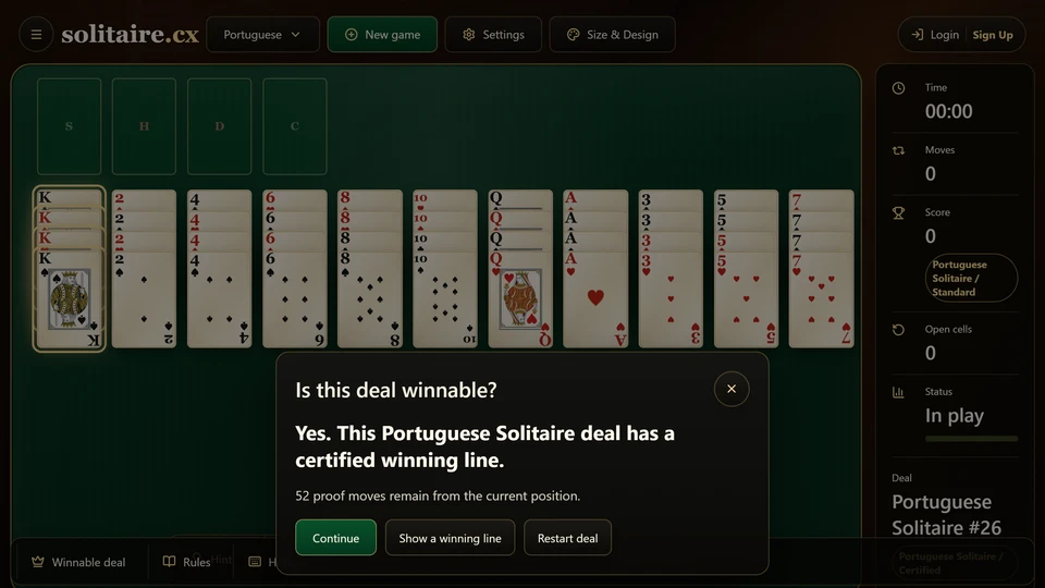 Portuguese Solitaire Check moves panel showing a certified winning line for the current deal.