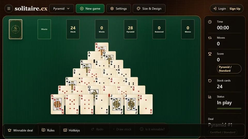 Pyramid Solitaire board with a 24-card stock, empty waste pile and 7 visible pyramid rows.