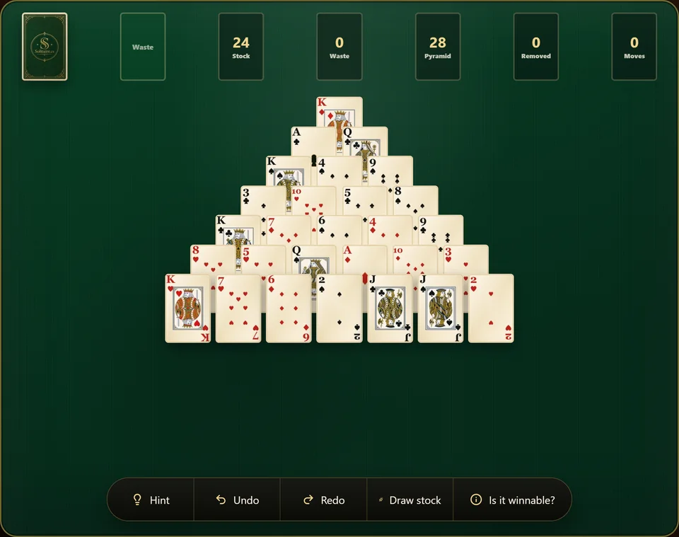 A fresh Pyramid Solitaire deal showing 28 cards face up in a 7 row triangle, with the face down stock and an empty waste space to the side.
