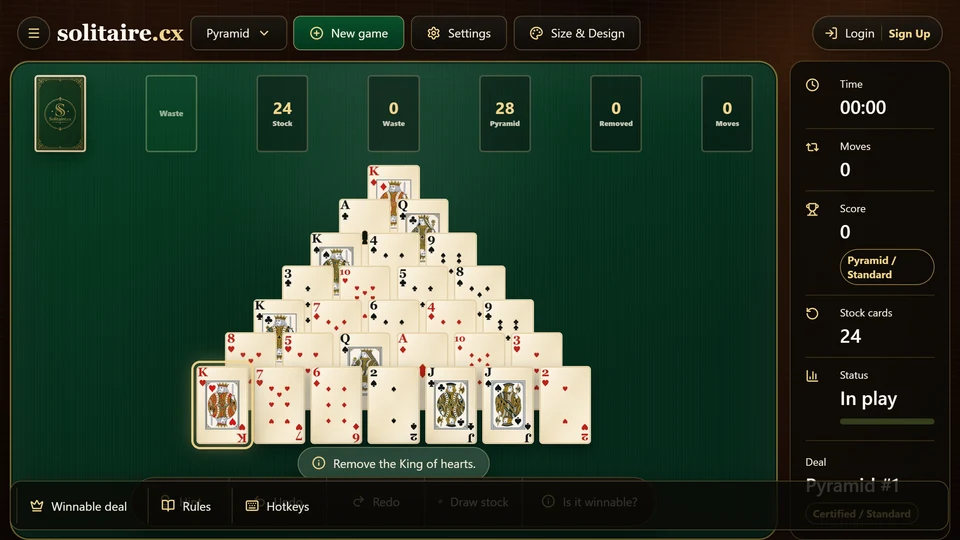 Pyramid Solitaire hint showing an exposed King that can be removed as a single-card 13.