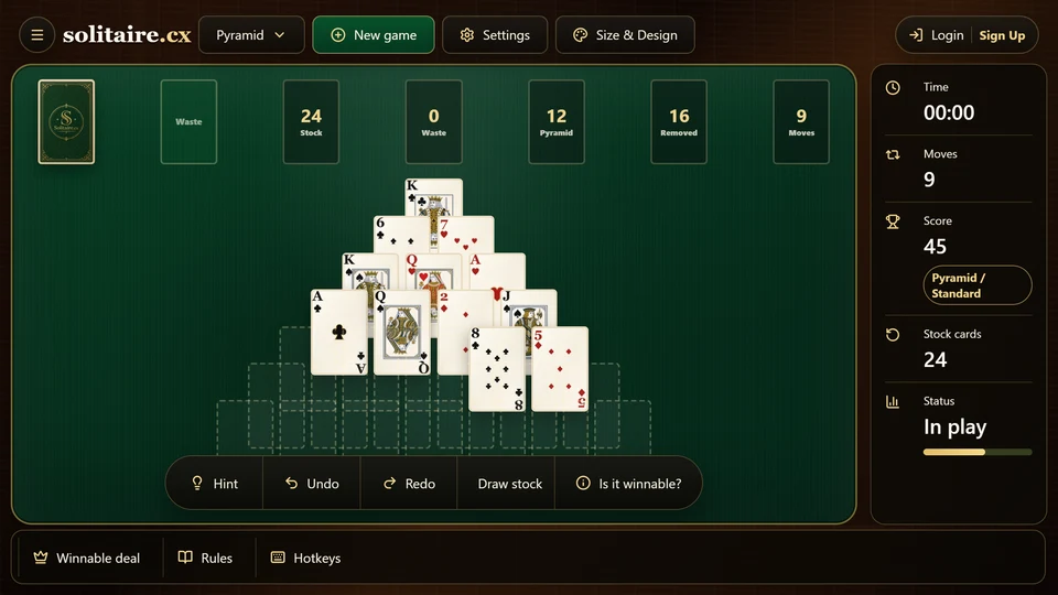 A Pyramid Solitaire position where removing an exposed King opens access to the next row.