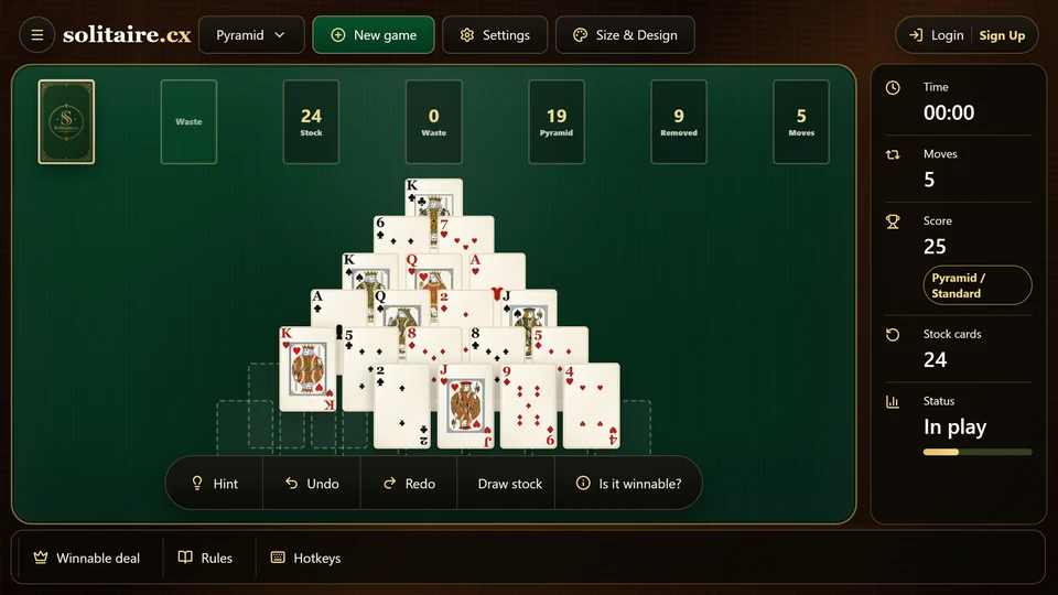 A Pyramid Solitaire midgame with progress on both sides and central cards newly exposed.