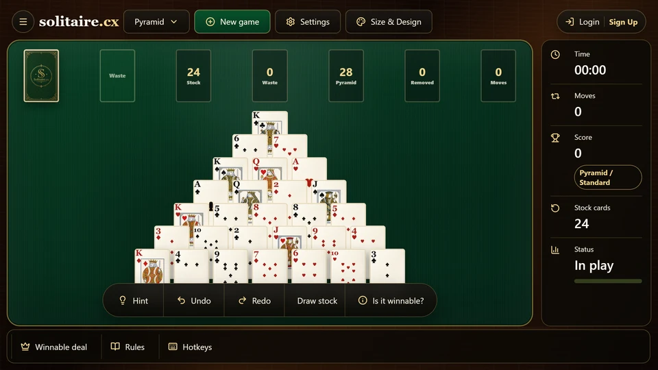 A certified Pyramid Solitaire opening viewed before the 1st pair, with all bottom-row choices visible.