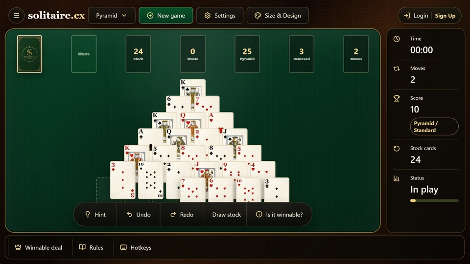 A Pyramid position after selected pairs have exposed 2 cards in the row above.