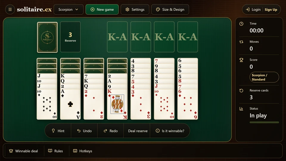 Scorpion Solitaire opening board with 7 tableau columns, 12 hidden cards, a 3-card reserve and 4 empty completed-run spaces.