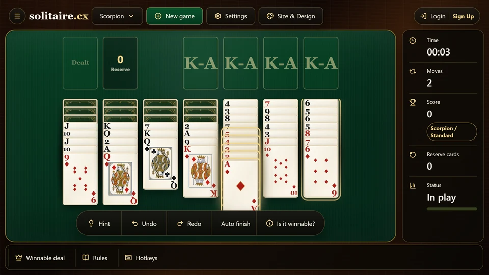 A Scorpion Solitaire board with a selected lead card and the mixed face-up tail below it ready to move to a same-suit destination.