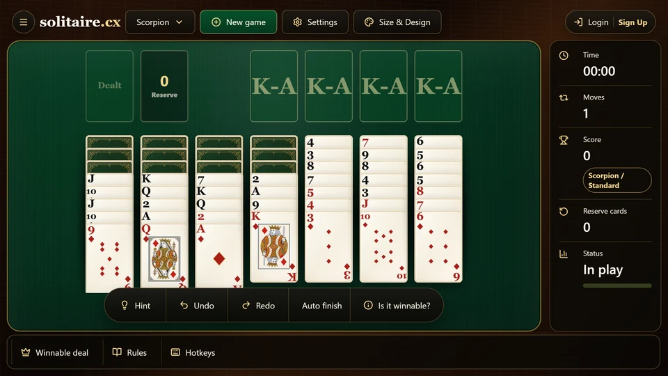 A Scorpion Solitaire midgame after all 3 reserve cards have entered the first 3 columns and 1 suited run has been completed.