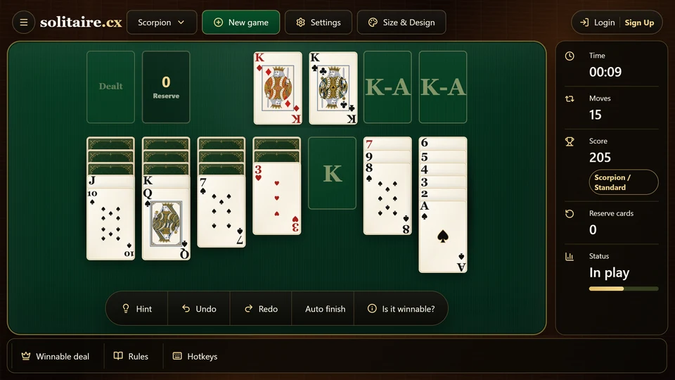 A Scorpion Solitaire game with an empty tableau column available only to a King or a group led by a King.