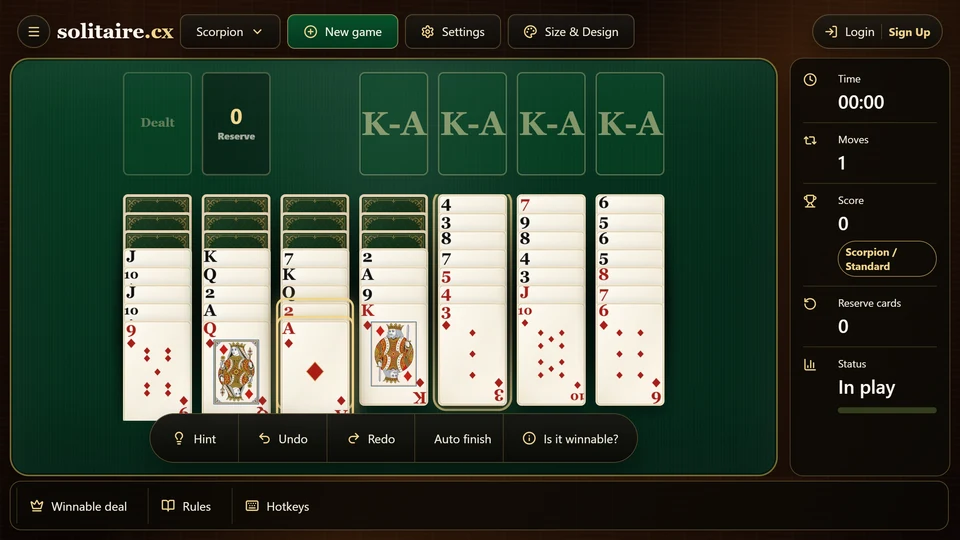 Scorpion Solitaire midgame with a selected face-up card leading an unordered tail toward a same-suit destination.