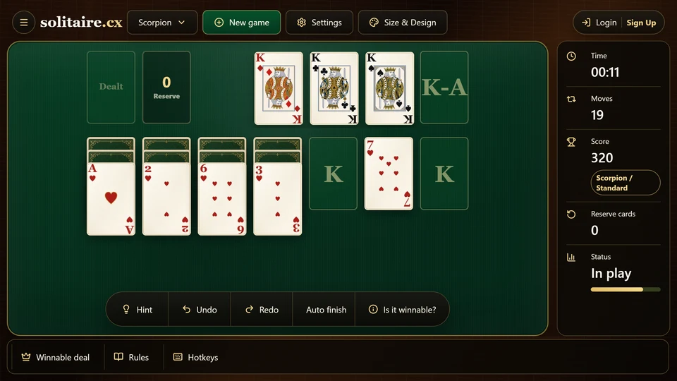A Scorpion Solitaire deal near completion with 3 King-to-Ace suit runs removed and the final cards left on the tableau.