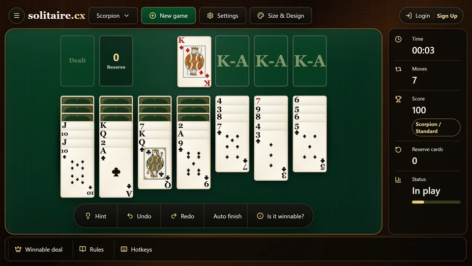 Scorpion Solitaire in progress after the 3-card reserve has been dealt, with a completed suit run removed above the tableau.