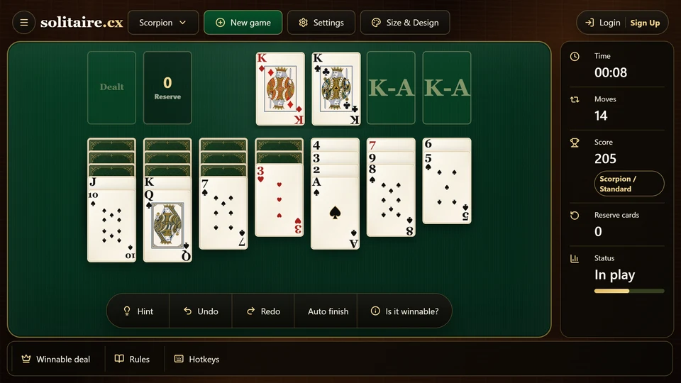 Scorpion Solitaire in progress after a face-down card has been uncovered by moving the exposed tail above it.