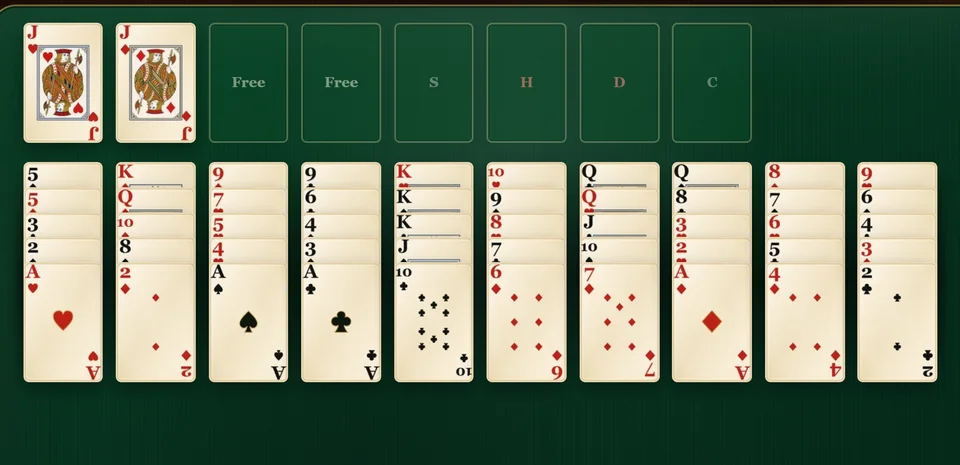 A Seahaven Towers Solitaire deal with 10 narrow tableau columns, 4 cells across the top with 2 already holding a card, and 4 empty foundations.