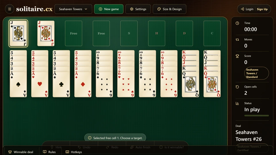 Seahaven Towers reserve cells with a selected card and 10 short same-suit tableau towers below.
