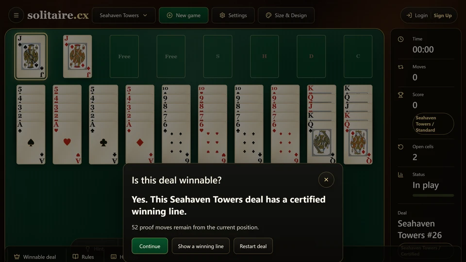 Seahaven Towers Check moves panel showing a certified winning line for the current deal.