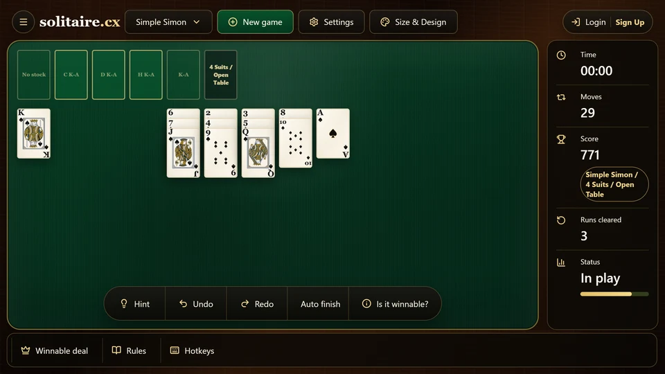 Simple Simon board after a complete same-suit King-to-Ace run has left the tableau.