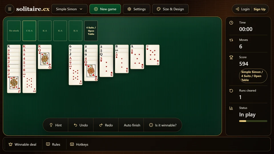 Simple Simon game in progress with an empty tableau column available for rearranging cards.