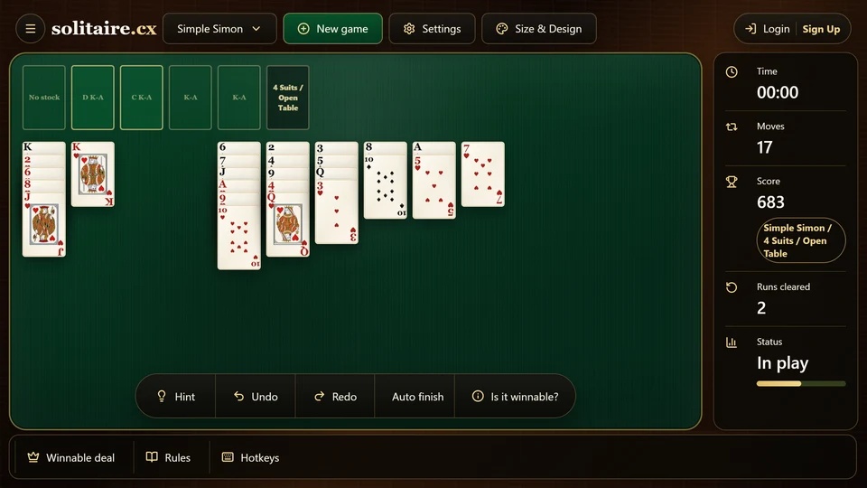 Simple Simon table after 2 complete same-suit King-to-Ace sequences have been removed.
