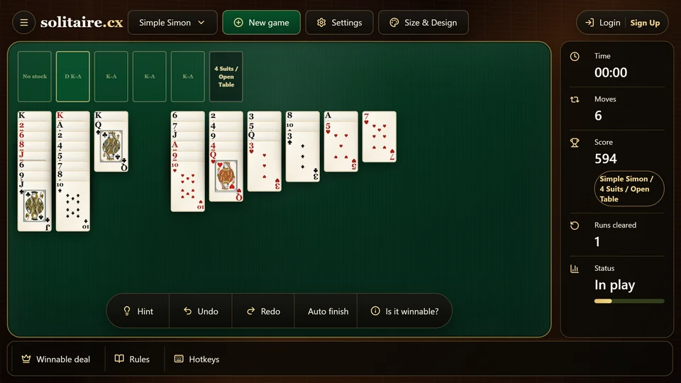 Simple Simon midgame with an empty column ready to receive a card or same-suit descending packet.