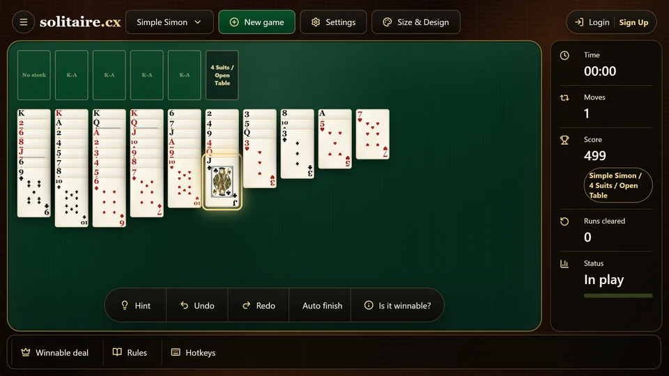 A Simple Simon column where only the lower off-suit card is selected from a mixed descending pair.