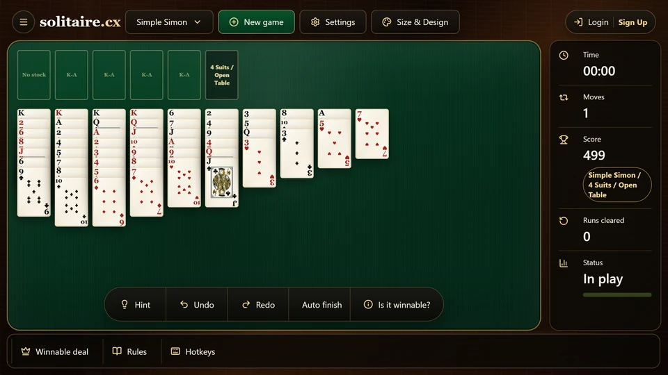 Simple Simon position showing a single card placed legally on the next higher rank of another suit.