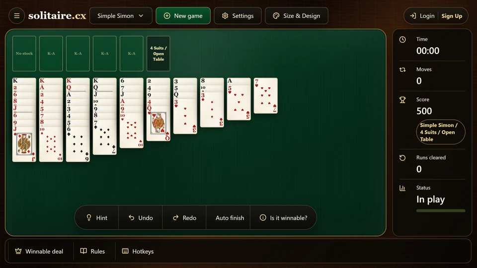 Simple Simon Solitaire opening with all 52 cards face up across 10 uneven columns and 4 empty run spaces.