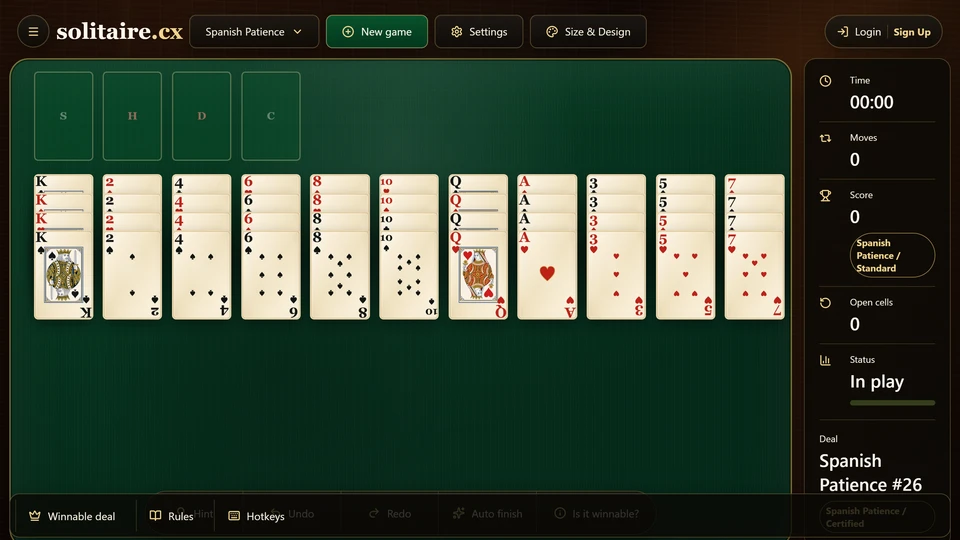 A Spanish Patience deal with 13 face up columns, open foundations and empty columns that can be reused by any card.
